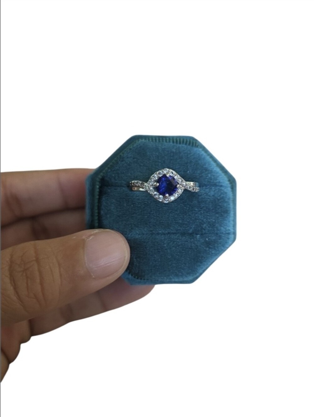 Vintage Size 8 Silver Toned Halo Blue Sapphire Ring
